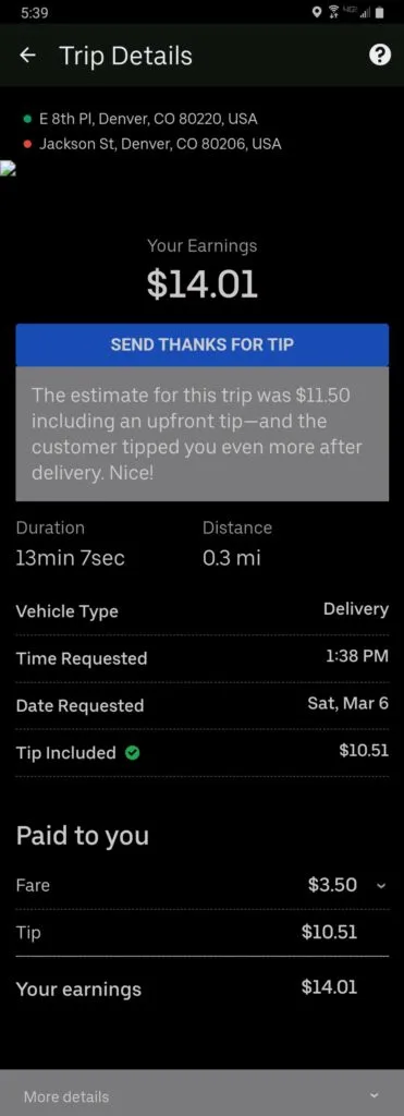 Screenshot of a delivery breakdown where the actual pay was higher than the offer. Earnings were $14.01 with a not that reads "The estimate for this trip was $11.50 including an upfront tip - and the customer tipped you even more after the delivery. Nice!"