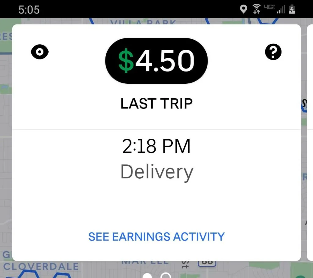 Screenshot of Uber Eats earnings summary of the last trip completed.
