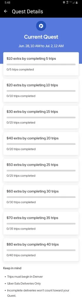 Screenshot of an Uber Eats quest offer that offers $10 for every five deliveries completed before midnight July 1. 