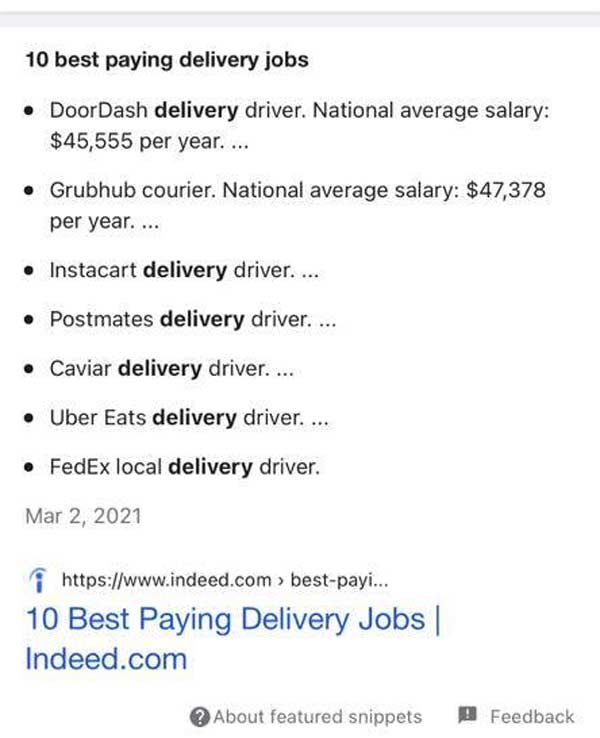 Screenshot of a search result snippet from Indeed.com stating that average Grubhub salary is $47,378 per year and with Doordash it's $45,555.
