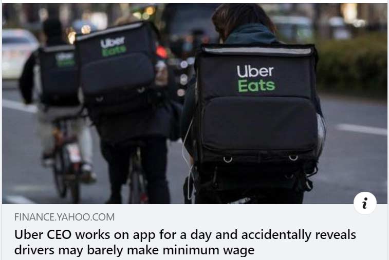 Screenshot of Yahoo headline that claims "Ubr ECO works on app for a day and accidentally reveals drivers may barely make minimum wage."