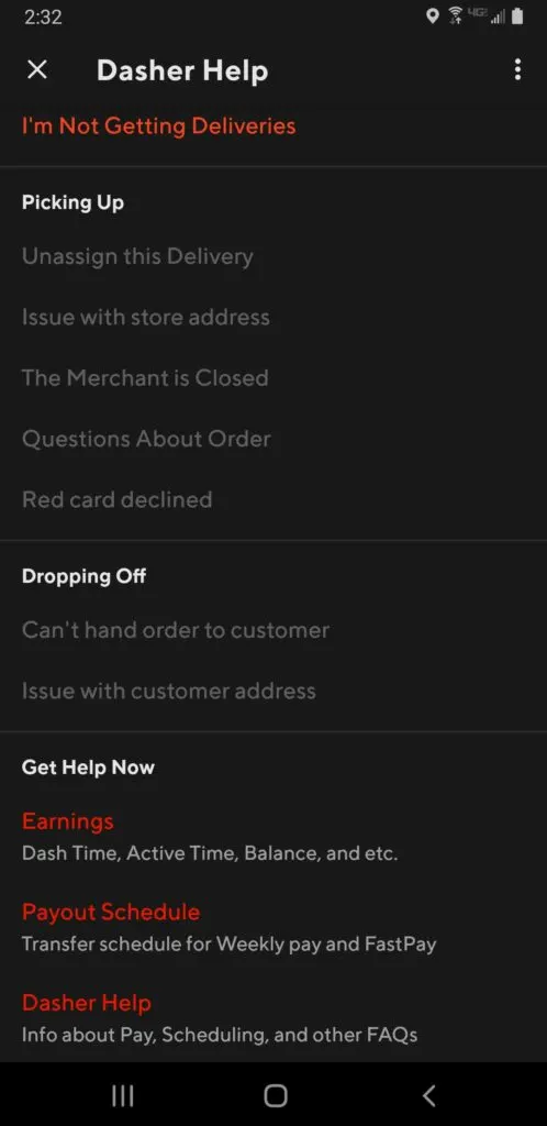 Screenshot of the Dasher Help screen that includes options to Unassign a delivery and for extended Dasher Help options.