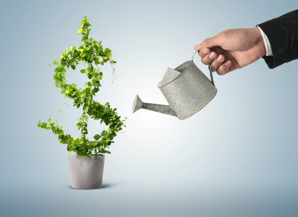 Growing your revenue concept illustrated by a businessman watering a plant that is shaped like a dollar sign.
