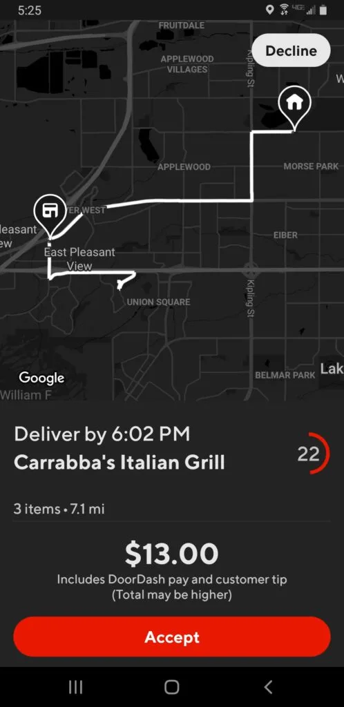 Screenshot of a Doordash delivery offer from Carrabba's Italian Grill with details about the delivery such as $13.00 pay, distance, deliver by time, and an option to accept or decline the delivery.