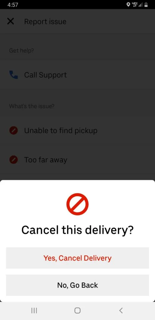 Screenshot of Uber Eats cancel screen asking if you want to cancel this delivery, with options Yes, Cancel Delivery or No, Go Back.