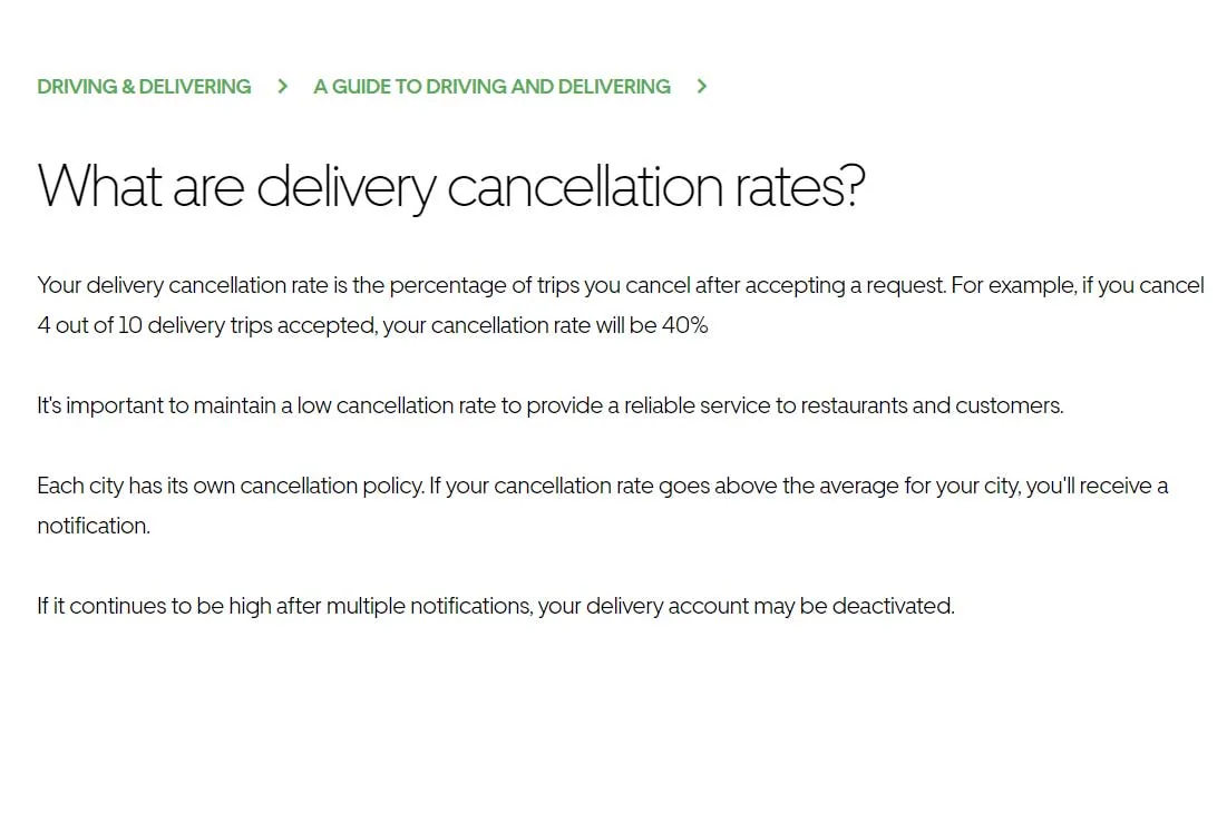 Screenshot of Uber Eats delivery cancellation rates help article that says cancellation rate is the percentage of trips you cancel after accepting a request. 