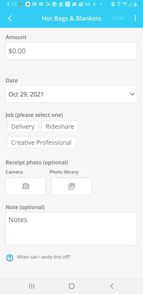 Screenshot of add an expense screen in Stride app for Hot Bags category with options to add amount, date, job, note and to get a photo of a receipt.