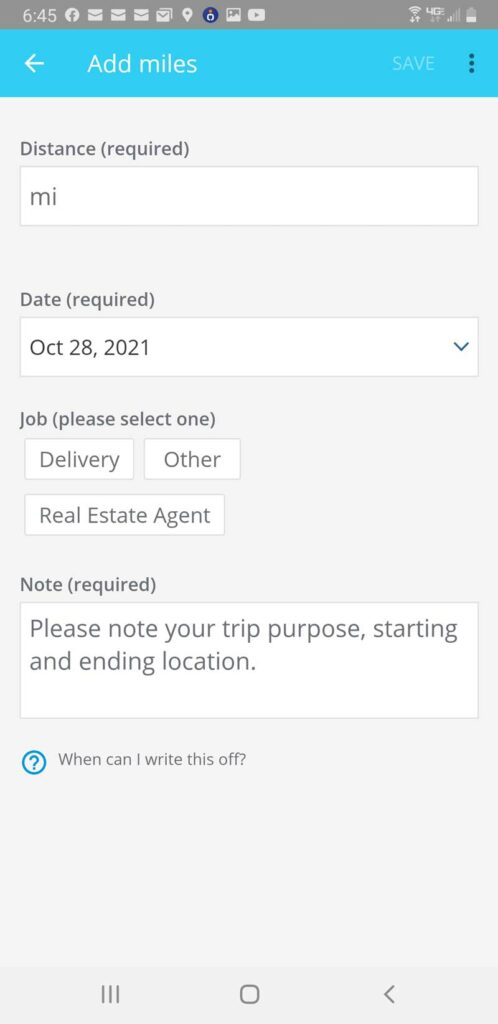 Screenshot of Stride add miles screen where you can enter the date of the trip, the number of miles, the job type, and a note about the trip.