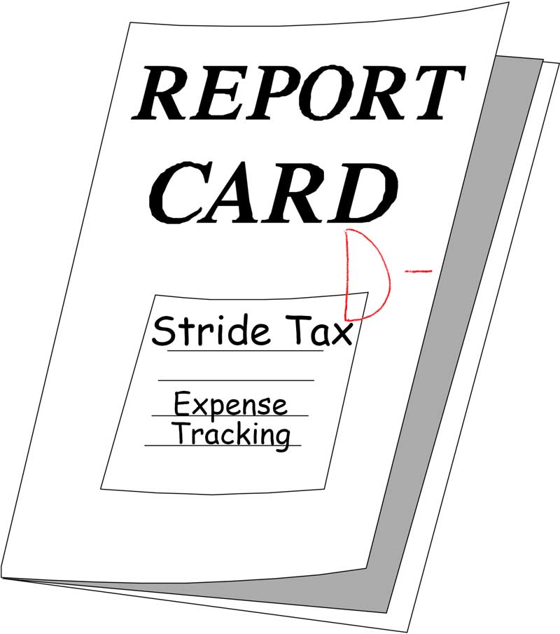 Report card for Stride Tax Expense Tracking with a red D minus grade.