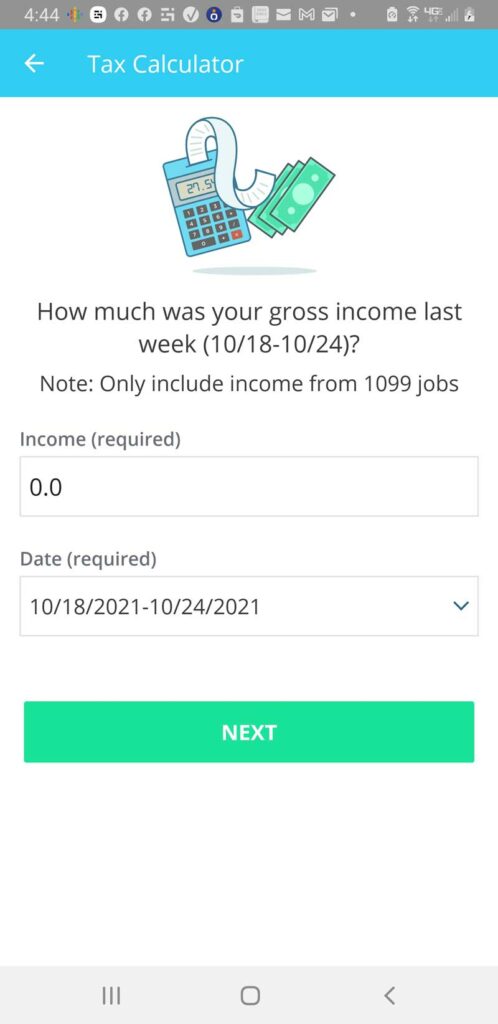 Screenshot of the Stride tax app income entry screen, with only two places to enter information: the amount and the week (not even the date).