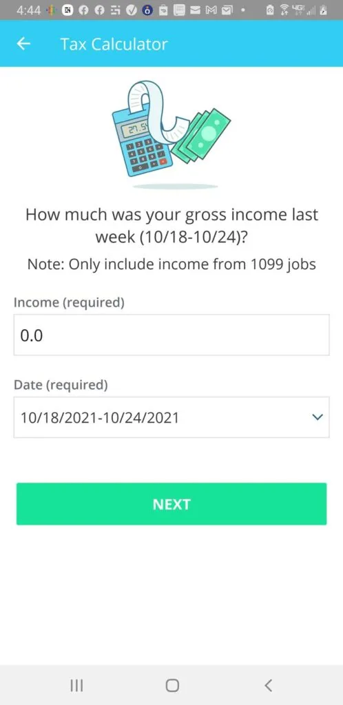 Screenshot of the Stride tax app income entry screen, with only two places to enter information: the amount and the week (not even the date).
