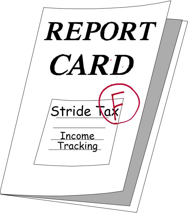 Report card for Stride Tax Income Tracking with a red grade F circled on it.