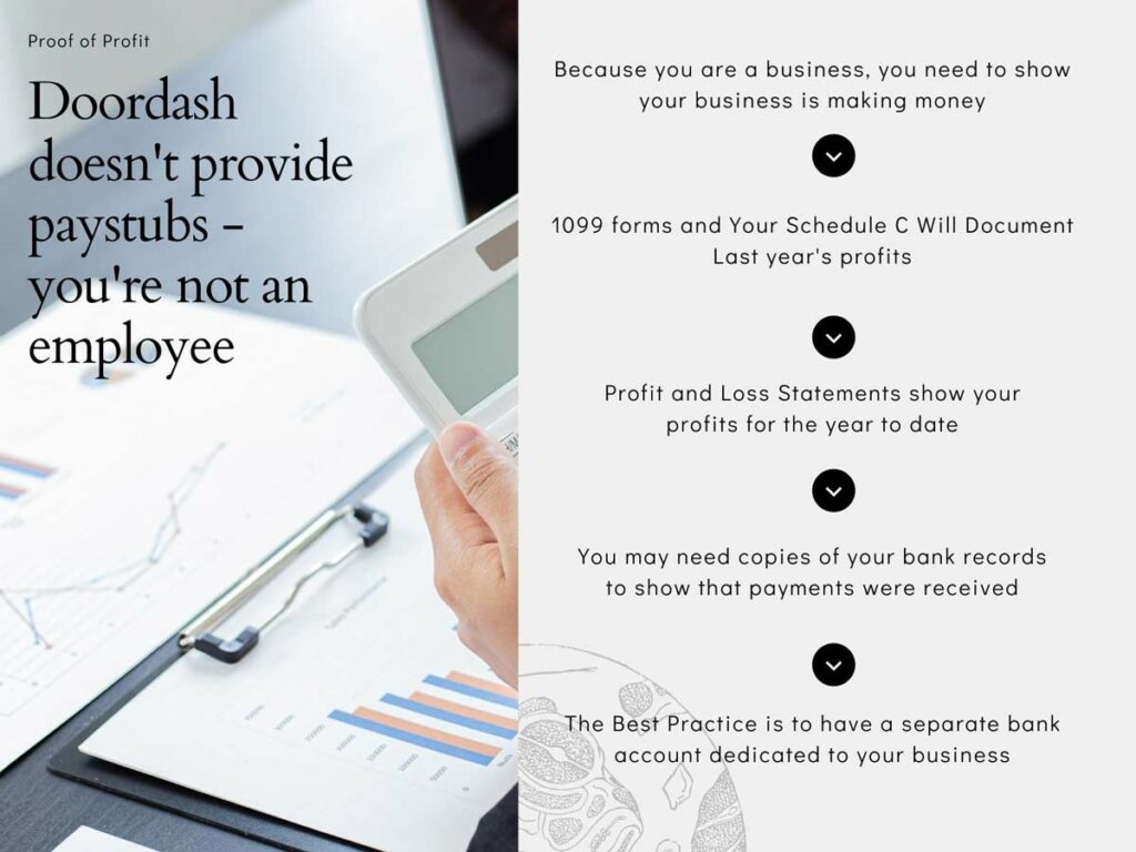 Infographic about how documentation of your business profit is a better substitute for a Doordash paystub.