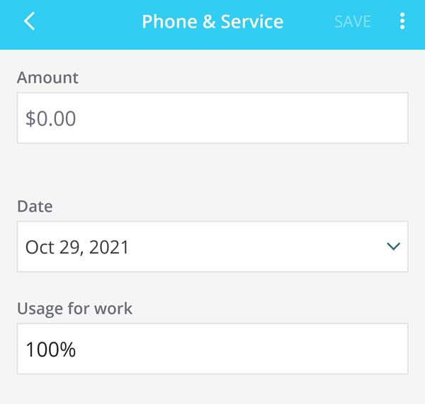 Screenshot from a Phone & Service entry in Stride Tax that includes a field to enter Usage for work and a percentage.