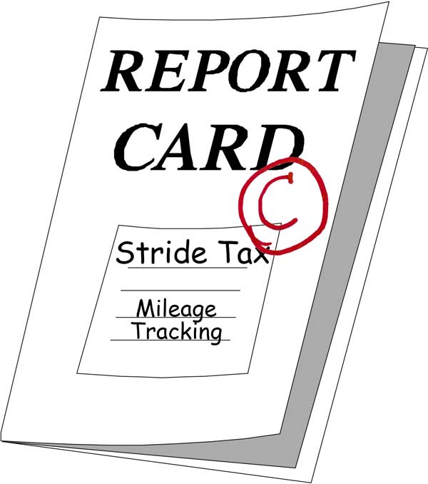 Report Card that says Stride Tax Mileage Tracking and a red letter circled grade C.