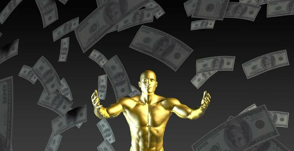 Generating revenue as a concept illusrated by money falling from the sky around a gold human figurine.