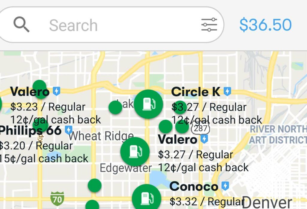 Screenshot of a home page from the free GetUpside app that displays participating gas stations, and at the top right shows the GetUpside balance which is the accumulation of cash back that is available.