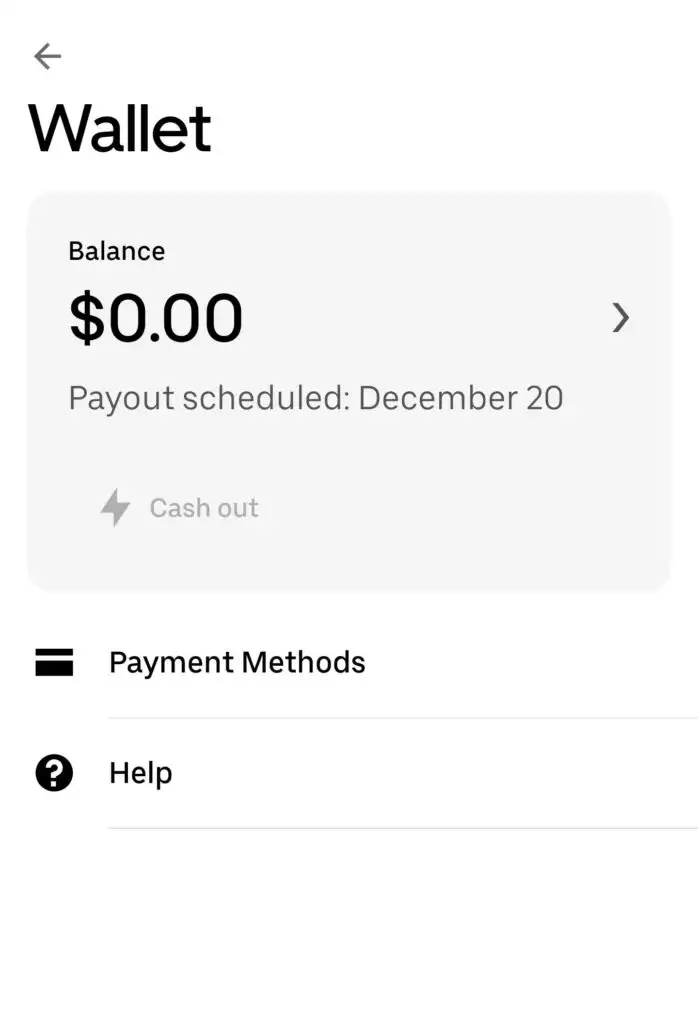 Screenshot of an Uber Eats wallet screen showing balance, when the next payout is due, and options to change payment methods or cash out early.