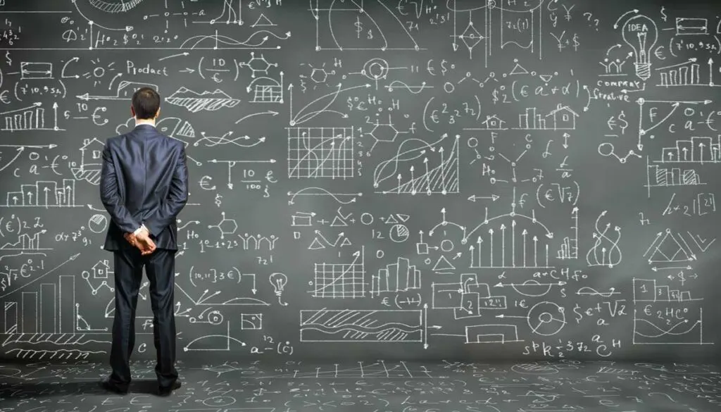 IRS agent standing against a wall of complex mathematical formulas and charts trying to determine what the 2022 standard mileage allowance will be.