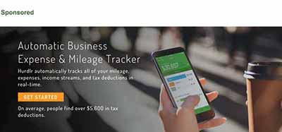 Sponsored image of a person holding a smartphone with the Hurdlr app that reads Automatic Business Expense & Mileage Tracker. 