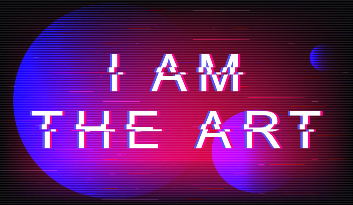 Retro futuristic style vector typography on violet and pink circles background with distortion TV screen effect. Letters spell out I am the Art. 
