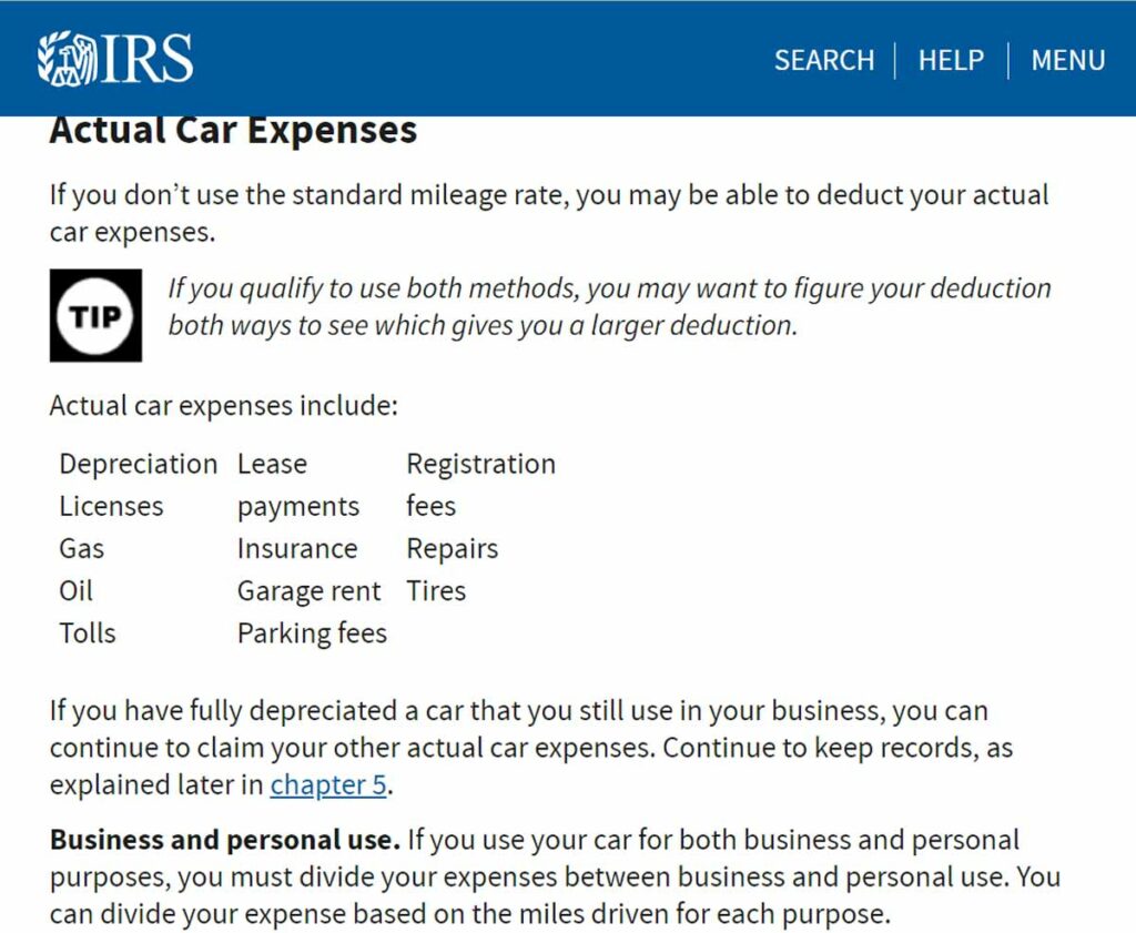 Screenshot from IRS Publication 463 defining the costs that are part of operating your car.
