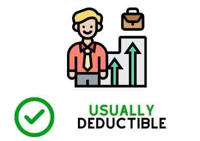 Professional development concept illustrated by a figurine in a tie next to a chart with upward arrows and the caption Usually Deductible.
