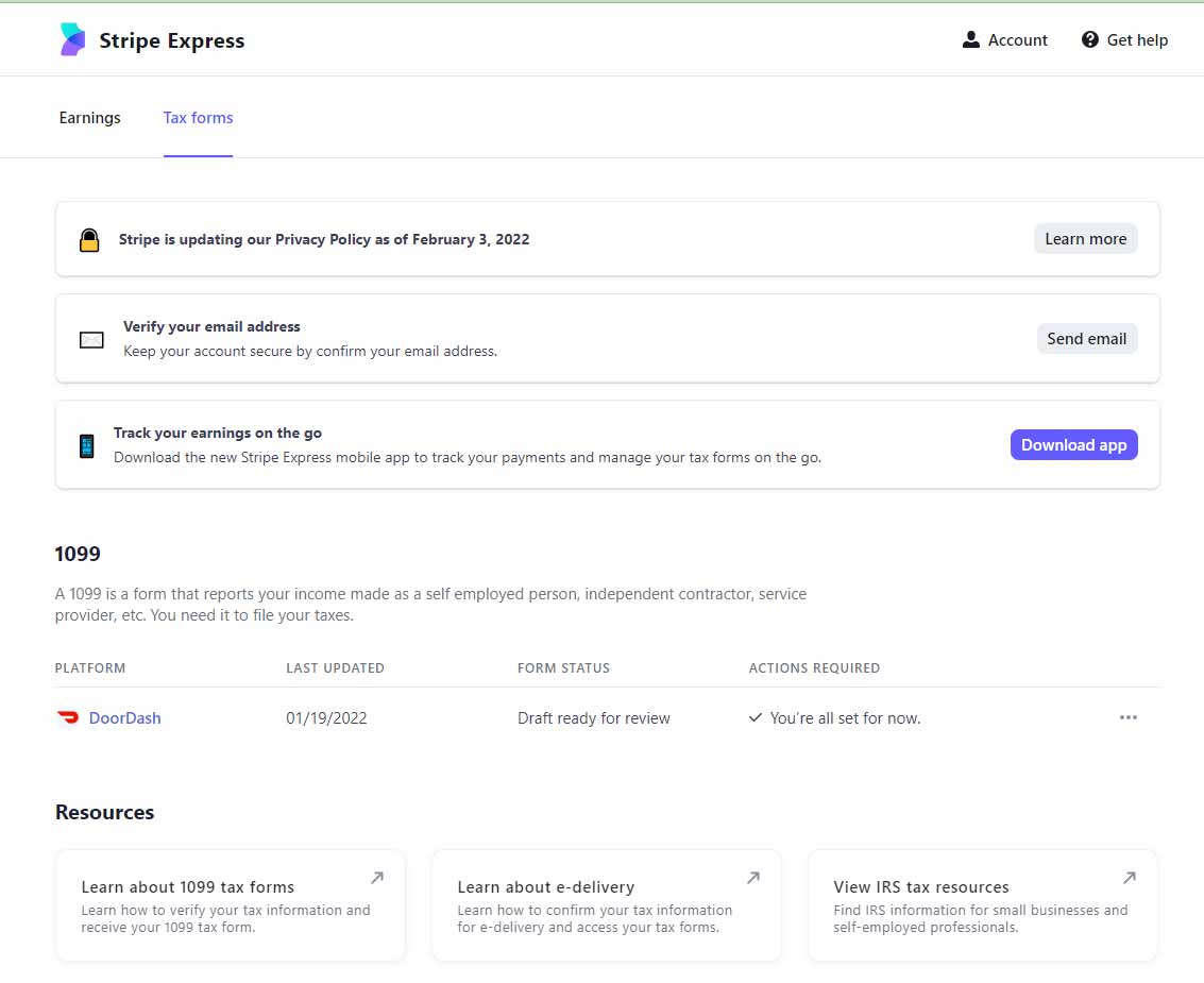 Screenshot of the Tax Forms page from Stripe including an option to download the Doordash 1099 draft. 