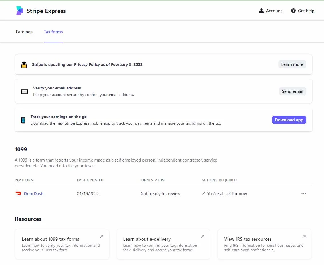 Screenshot of the Tax Forms page from Stripe including an option to download the Doordash 1099 draft. 