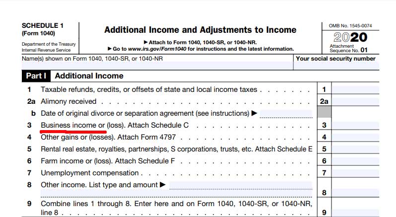 Screenshot of the income part of Schedule 1 Additional Income and Adjustment to Income with line 3 Business Income underlined in red. 