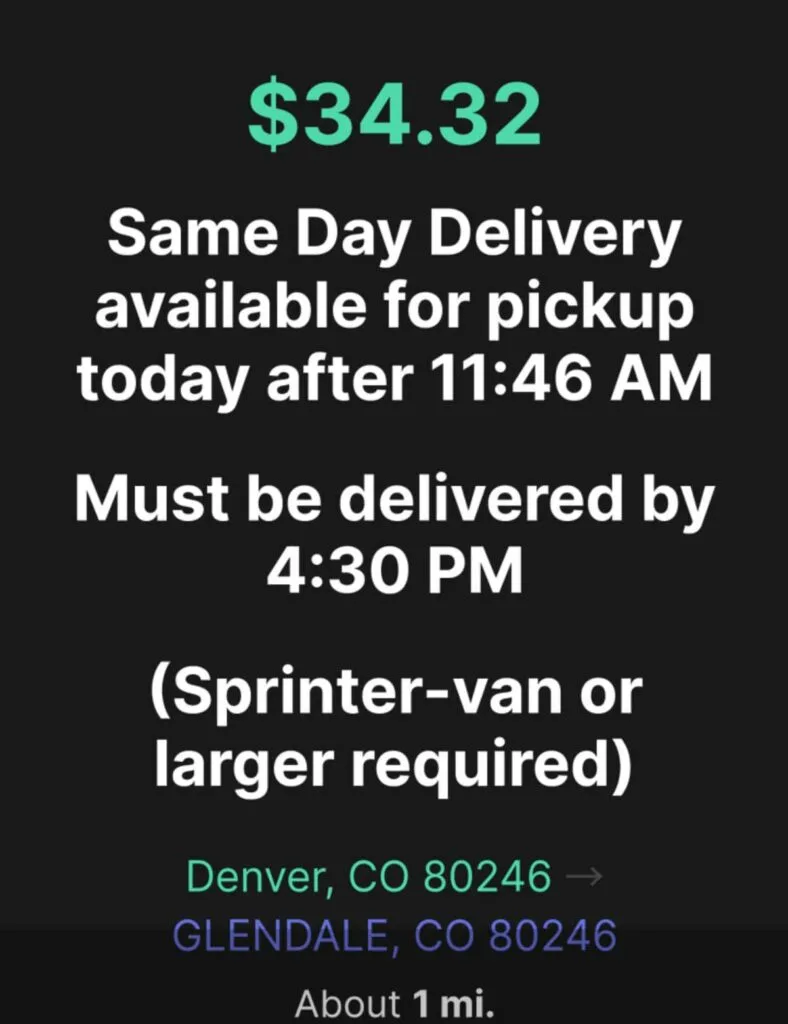 Screenshot from Curri app showing details for a delivery offer with pickup times and deadlines, pay information, and zipcodes for delivery.