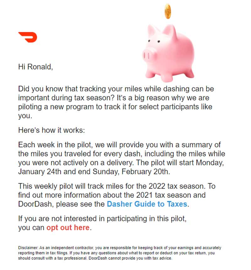 Screenshot of email from Doordash that announced a mileage tracking pilot program. starting January 24 and ending February 20, 2022.