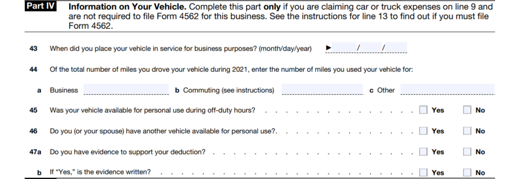 Screenshot of IRS Schedule C Part IV: Information on your vehicle.