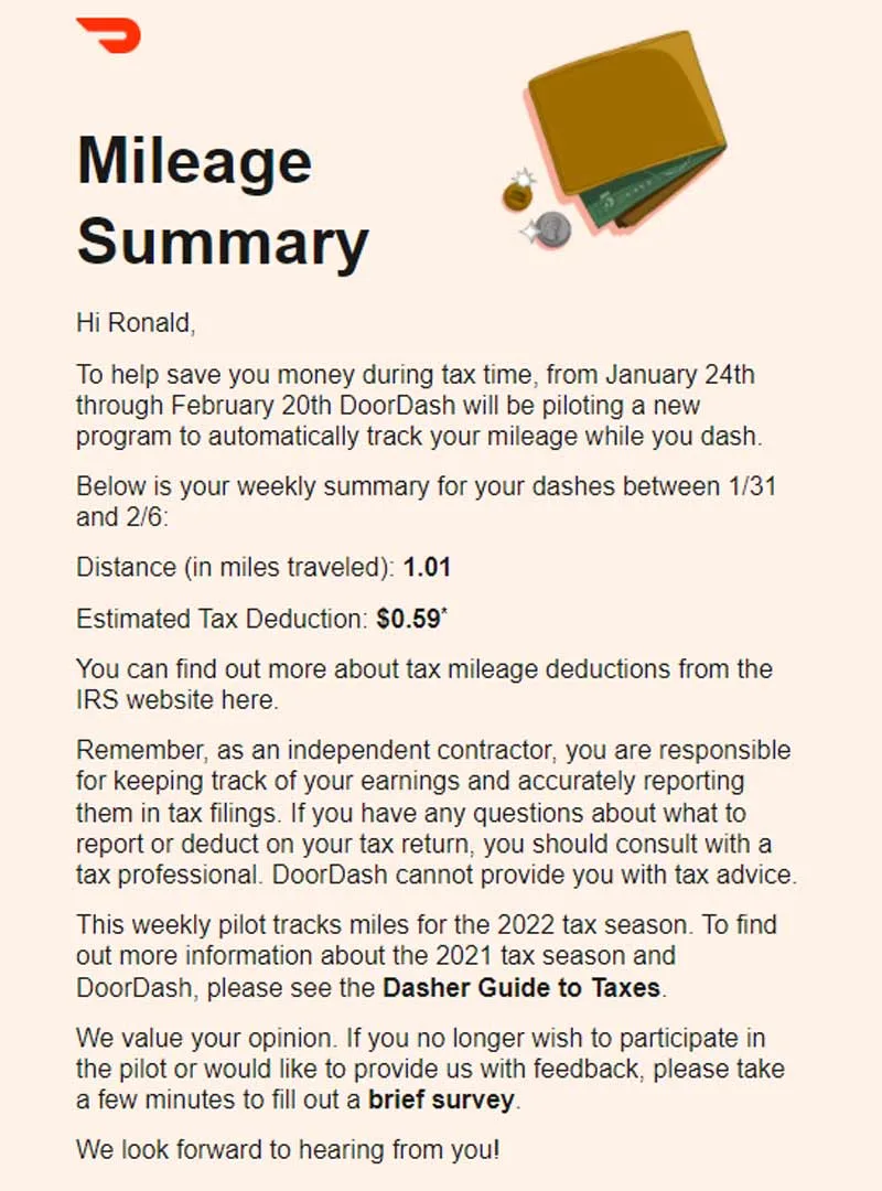 Screenshot of mileage summary email from Doordash that said that mileage between 1/31/22 and 2/6/22 was 1.01 miles with an estimated tax deduction of $0.59.