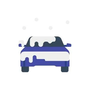 Illustration of a front facing profile of a car with snow on it and snowflakes falling.