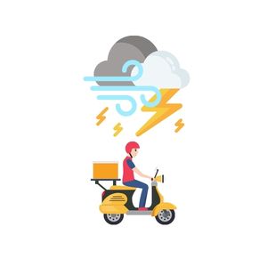 Cartoon illustration of a delivery driver riding a scooter in bad weather.