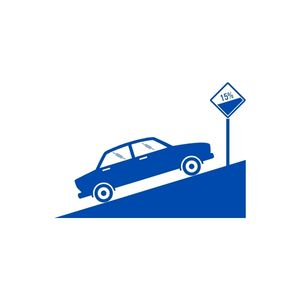 line drawing of a car parked on a hill with a sign showing a 15% grade.