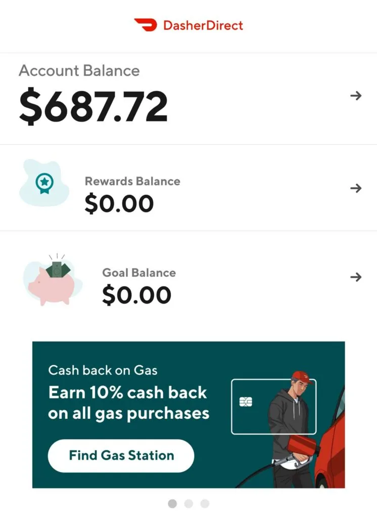 Screenshot of a home screen from the Doordash DasherDirect app that shows an account balance, rewards balance and goal balance, with a banner below that states cash back from all gas stations is 10%.