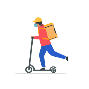 Cartoon image of a masked delivery person with a backpack riding on a scooter.