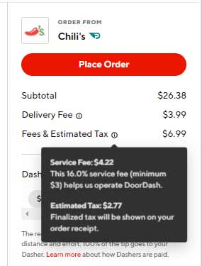 Screenshot of a Doordash order showing a 16% service fee added to the order which is a 1% increase from previous orders I've looked at.