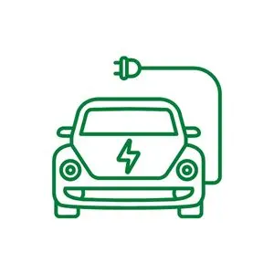 Electric vehicle concept illustrated by a green line drawing of a car with a an electrical cord