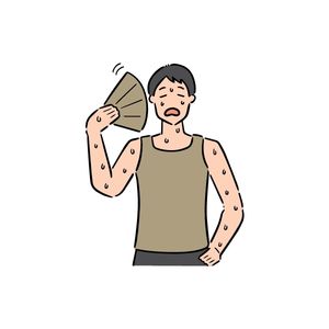 cartoon drawing of a man who is hot and sweaty holding a fan to fan himself.