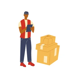Cartoon image of a delivery person with multiple packages.