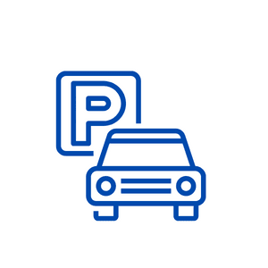 Line drawing of a parked car with a blue P for Parking sign in the background.