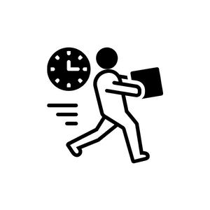 Speedy delivery concept illustarted by a line drawing of a person carrying a package with a clock sitting over his left shoulder