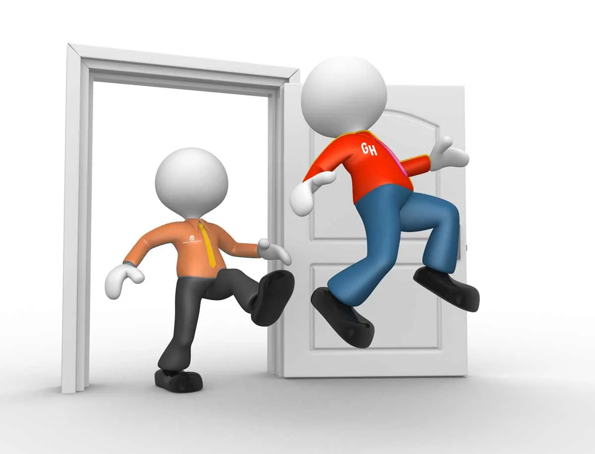 3D figuring in an orange shirt with a Just Eat Takeaway logo kicking another figuring in red shirt with Grubhub logo out the door.