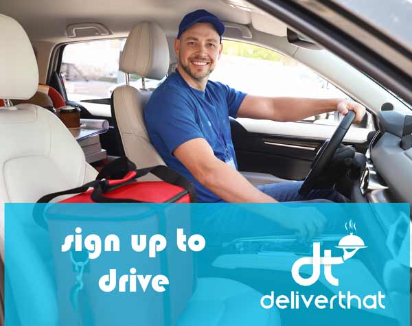 Signup image for DeliverThat with a smiling driver in his car with a catering bag and the words overlaid reading Sign Up to Drive.