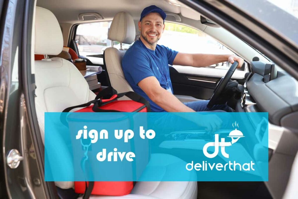 Smiling delivery driver in his car with a bag with print that reads sign up to drive deliverthat