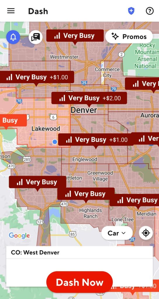Screenshot of a delivery map on the Dasher app for the Denver metro area, with color coded zones indicating where things are busy and if there is peak pay.