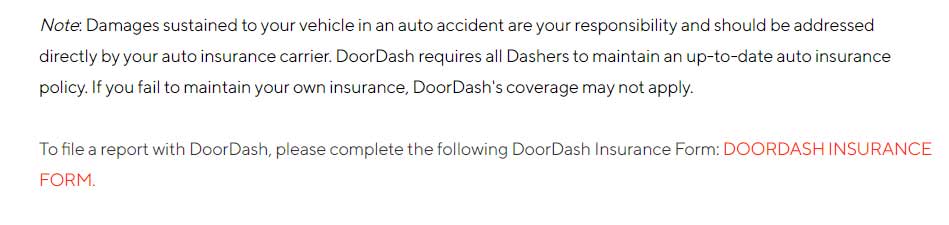 Screenshot take May 2022 of Doordash support page about car insurance that reads "Damages sustained to your vehicle in an auto accident are your responsibility and should be addressed directly by your auto insurance carrier."